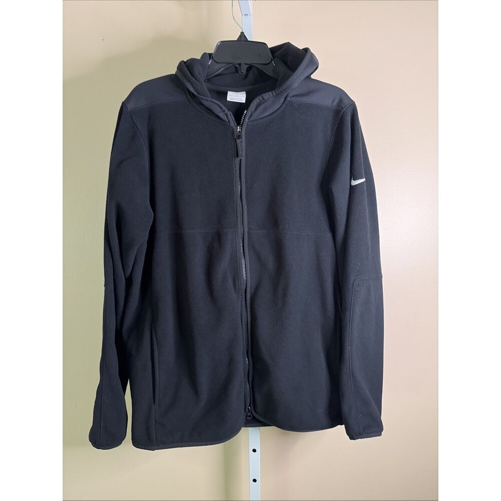 Nike Therma Fit Fleece Jacket Men L  Black Sleeve Embroidered Logo Hood Full Zip